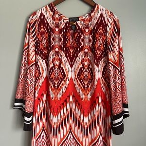 Enfocus Studios red & black boho shift dress with bell sleeves, size 8